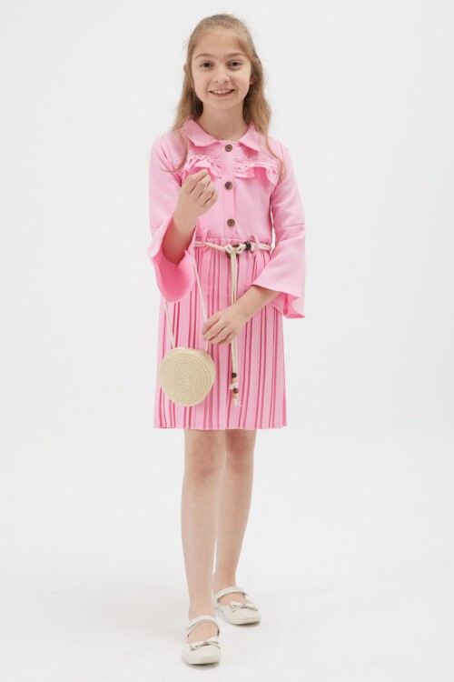 Kız Çocuk Pembe Dantel Süslemeli Çantalı Piliseli Elbise 15170