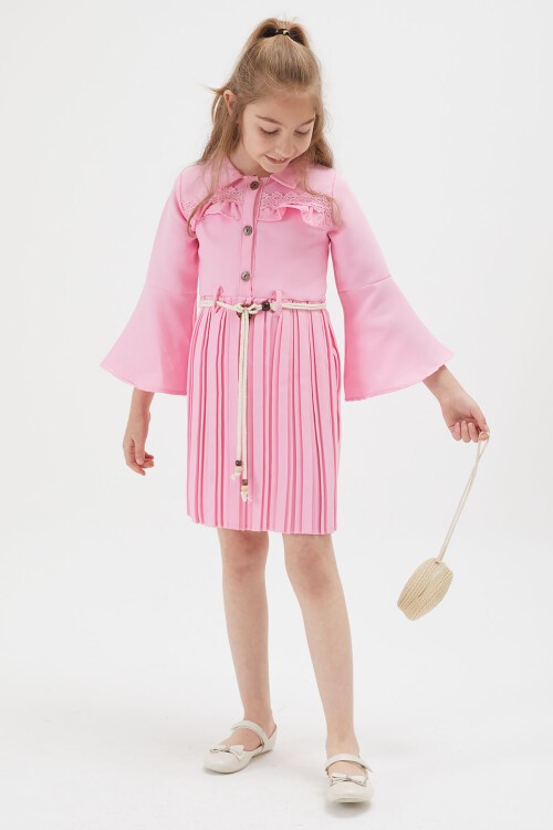 Kız Çocuk Pembe Dantel Süslemeli Çantalı Piliseli Elbise 15170