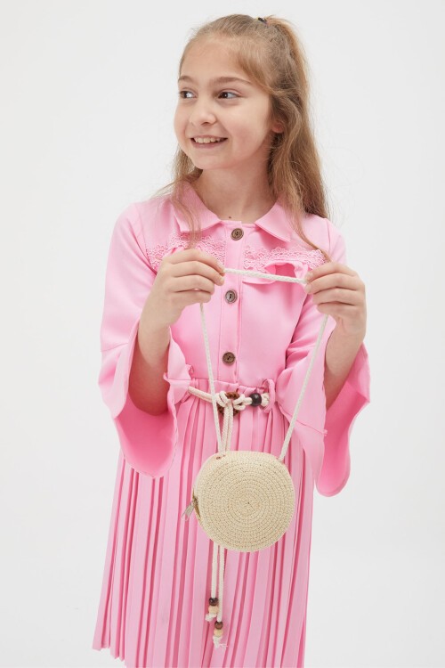 Kız Çocuk Pembe Dantel Süslemeli Çantalı Piliseli Elbise 15170