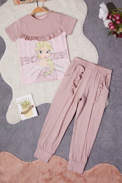 Kız Çocuk Pembe Frozen Baskılı Tişörtlü Takım 15259