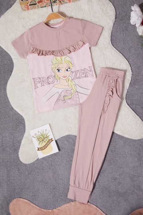 Kız Çocuk Pembe Frozen Baskılı Tişörtlü Takım 15259