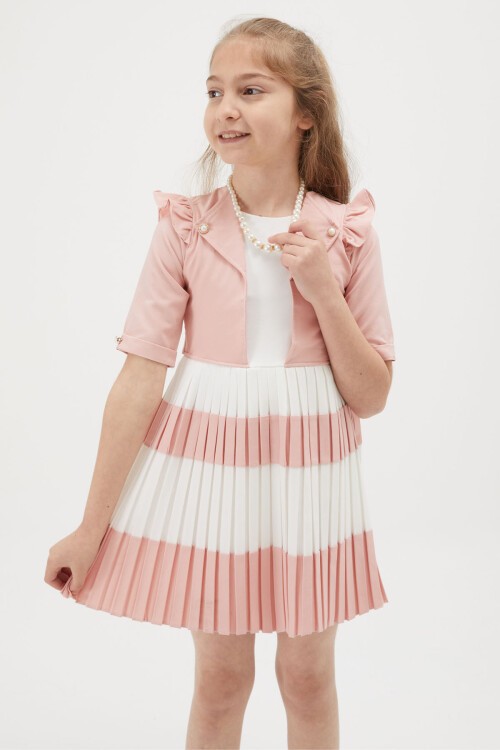 Kız Çocuk Pembe İnci Kolyeli Çantalı Pileli Elbise 15152