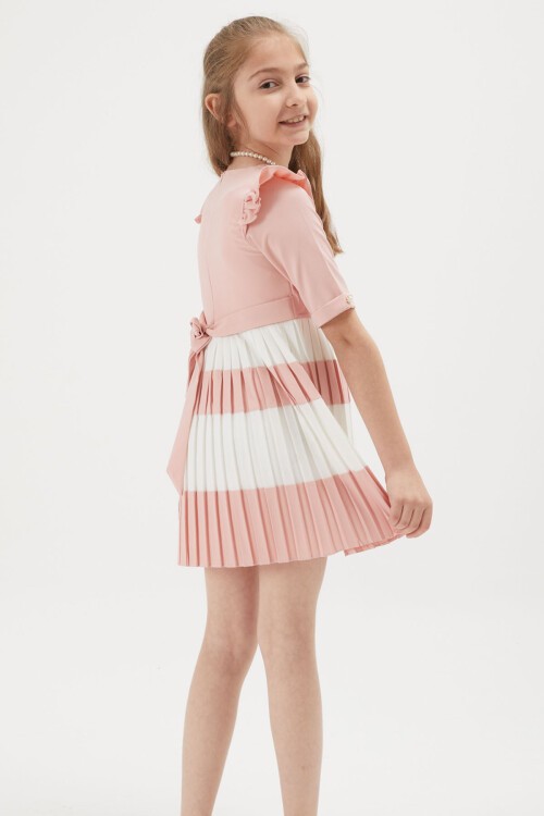 Kız Çocuk Pembe İnci Kolyeli Çantalı Pileli Elbise 15152