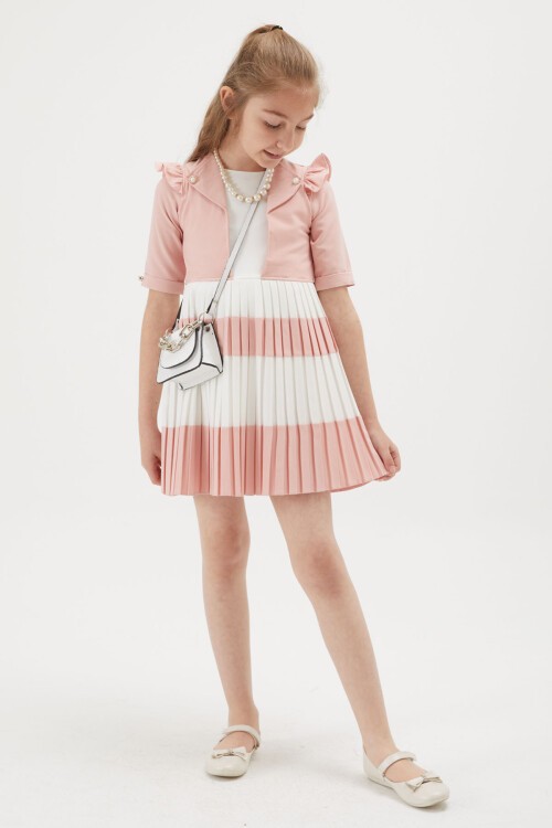 Kız Çocuk Pembe İnci Kolyeli Çantalı Pileli Elbise 15152