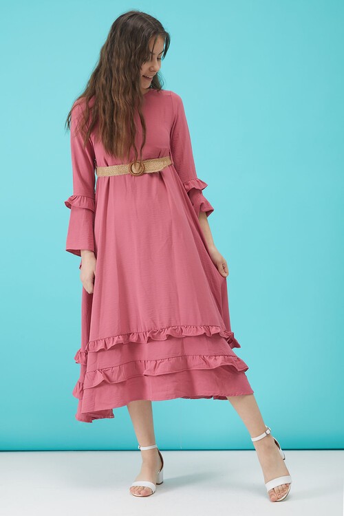 Kız Çocuk Pembe Kemerli Volanlı Elbise 15184