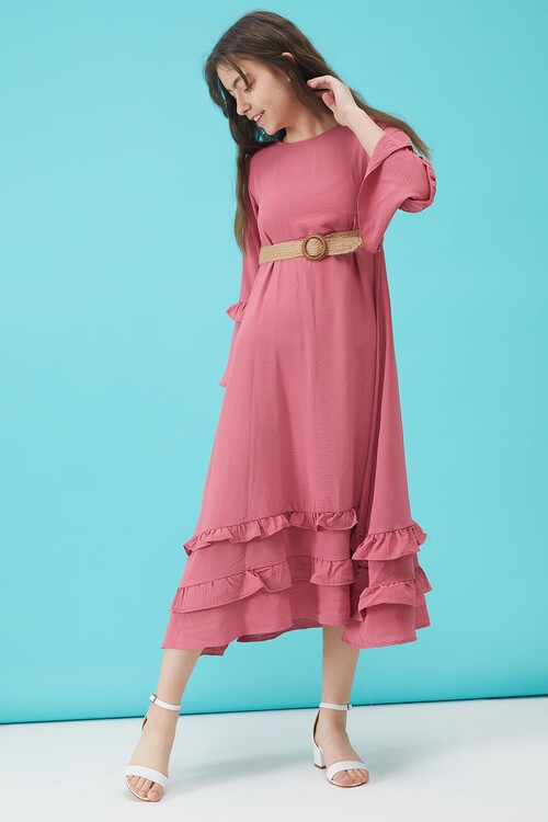 Kız Çocuk Pembe Kemerli Volanlı Elbise 15184