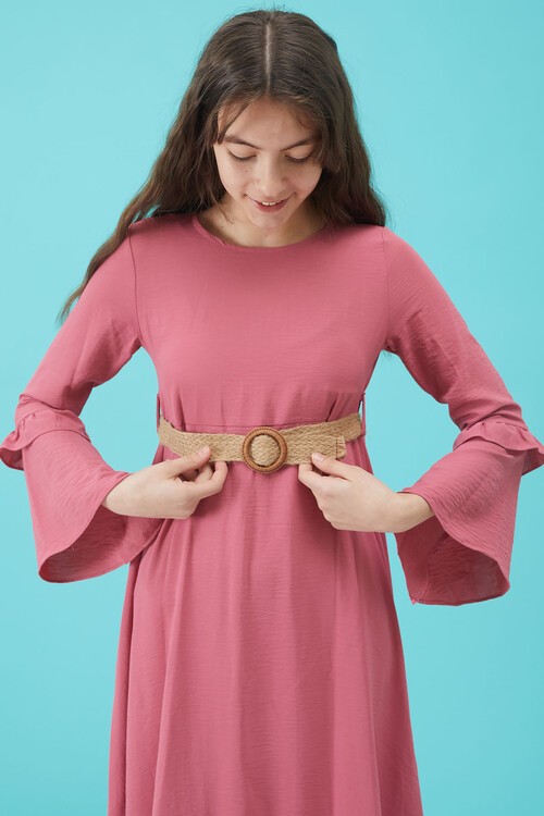 Kız Çocuk Pembe Kemerli Volanlı Elbise 15184