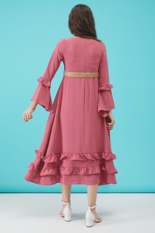 Kız Çocuk Pembe Kemerli Volanlı Elbise 15184