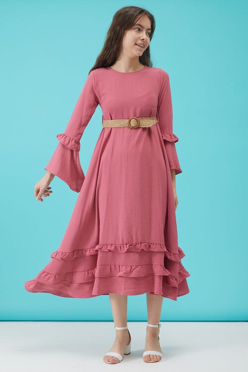 Kız Çocuk Pembe Kemerli Volanlı Elbise 15184