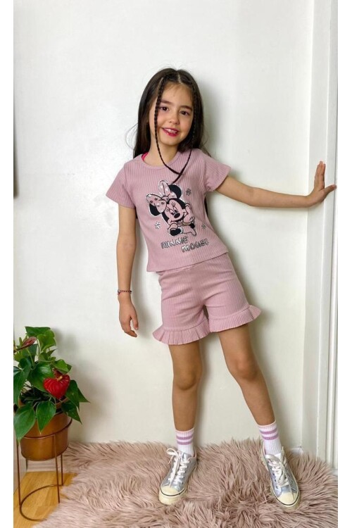 Kız Çocuk Pembe Puantiyeli Şortlu Takım 15294