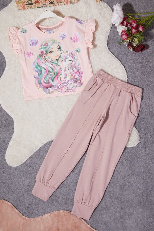 Kız Çocuk Pembe Simli Karakter Baskılı Alt Üst Takım 15261
