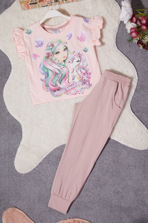 Kız Çocuk Pembe Simli Karakter Baskılı Alt Üst Takım 15261