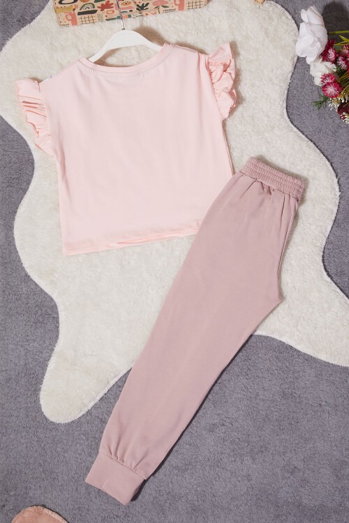 Kız Çocuk Pembe Simli Karakter Baskılı Alt Üst Takım 15261