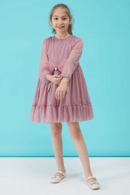Kız Çocuk Pembe Simli Tüllü Abiye Elbise 15186