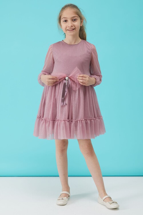 Kız Çocuk Pembe Simli Tüllü Abiye Elbise 15186