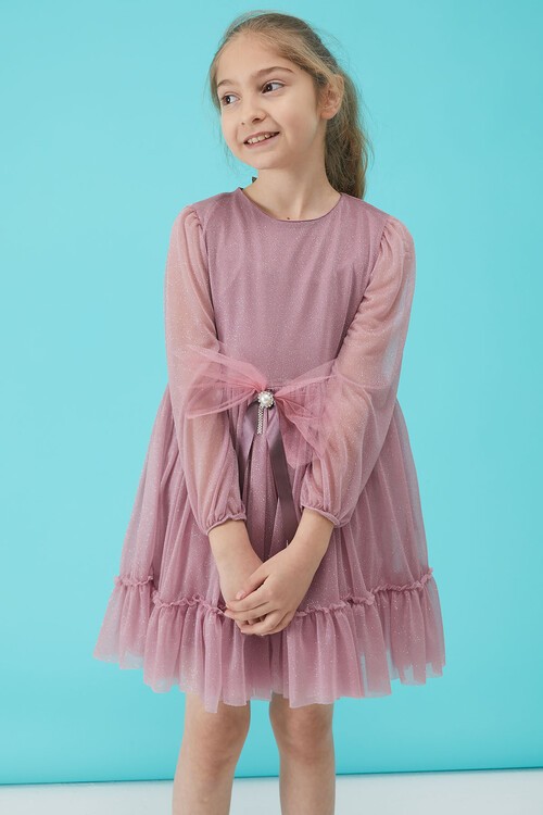 Kız Çocuk Pembe Simli Tüllü Abiye Elbise 15186