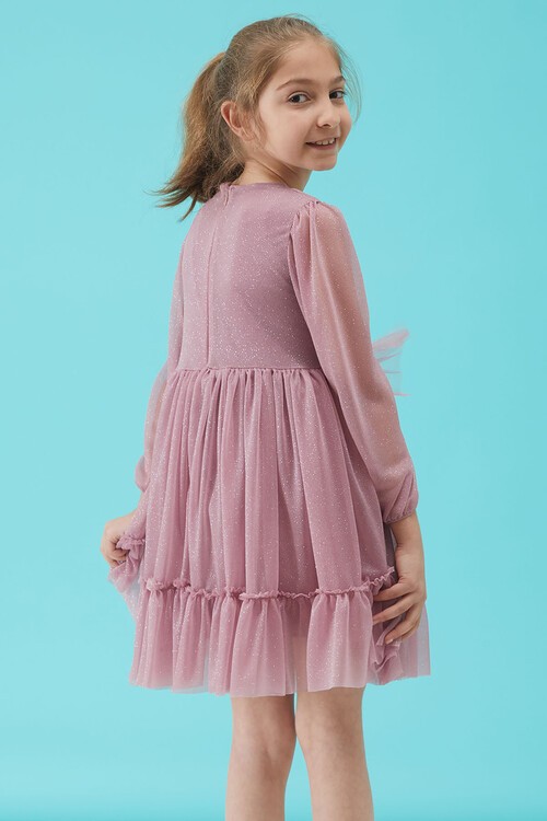 Kız Çocuk Pembe Simli Tüllü Abiye Elbise 15186