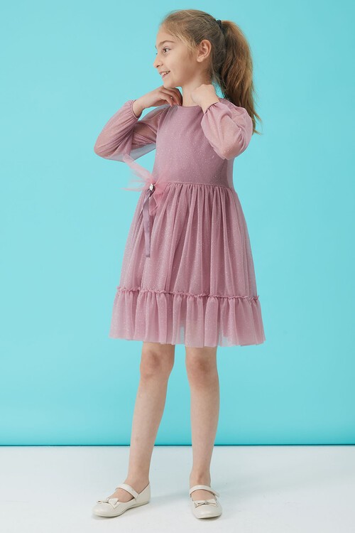 Kız Çocuk Pembe Simli Tüllü Abiye Elbise 15186