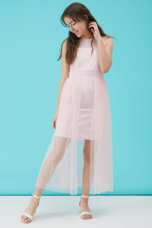 Kız Çocuk Pembe Taş Detaylı Tüllü Abiye Elbise 15161