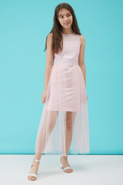 Kız Çocuk Pembe Taş Detaylı Tüllü Abiye Elbise 15161