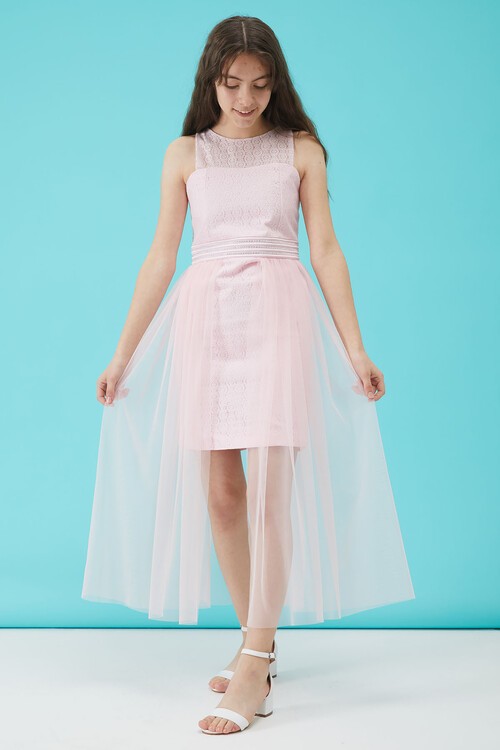 Kız Çocuk Pembe Taş Detaylı Tüllü Abiye Elbise 15161