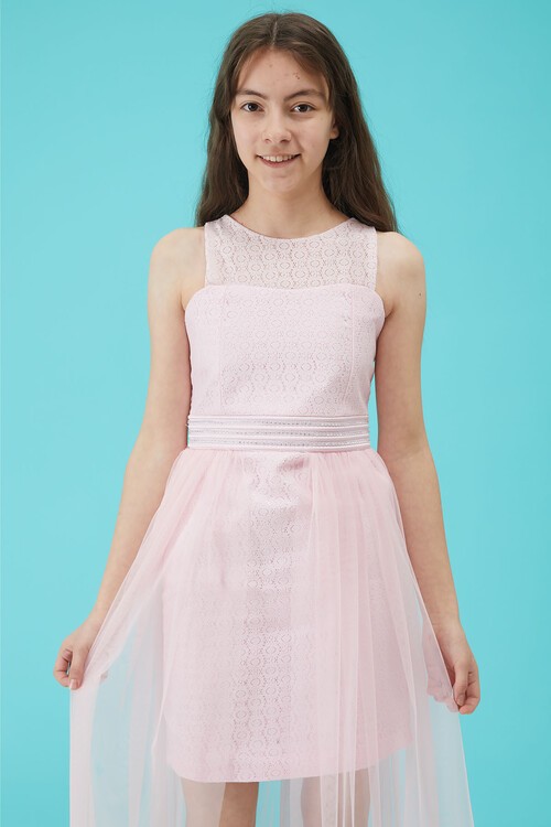 Kız Çocuk Pembe Taş Detaylı Tüllü Abiye Elbise 15161