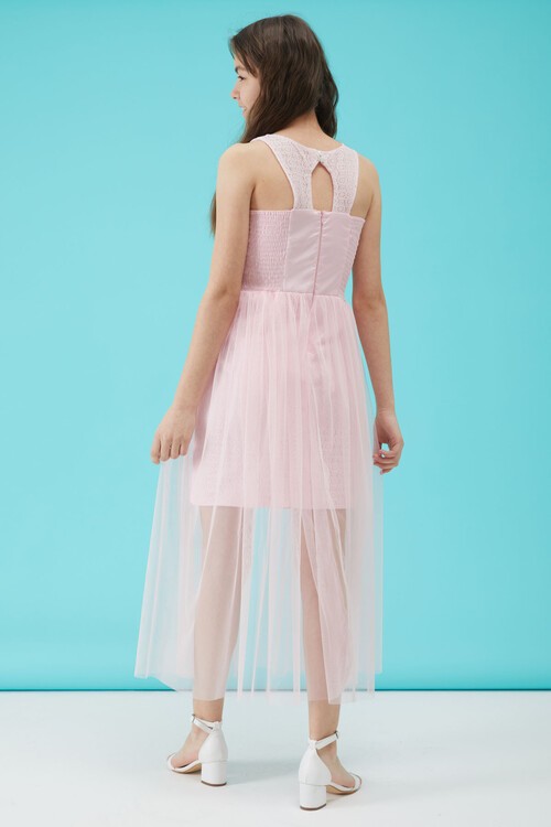 Kız Çocuk Pembe Taş Detaylı Tüllü Abiye Elbise 15161