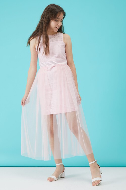 Kız Çocuk Pembe Taş Detaylı Tüllü Abiye Elbise 15161