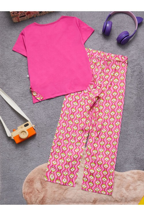 Kız Çocuk Pembe Yazılı Pantolonlu Bluz Takım 15270