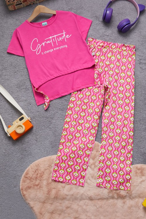Kız Çocuk Pembe Yazılı Pantolonlu Bluz Takım 15270