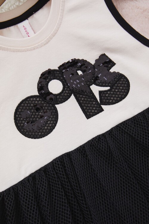 Kız Çocuk Pullu Fileli Sıfır Kol Elbise 14571