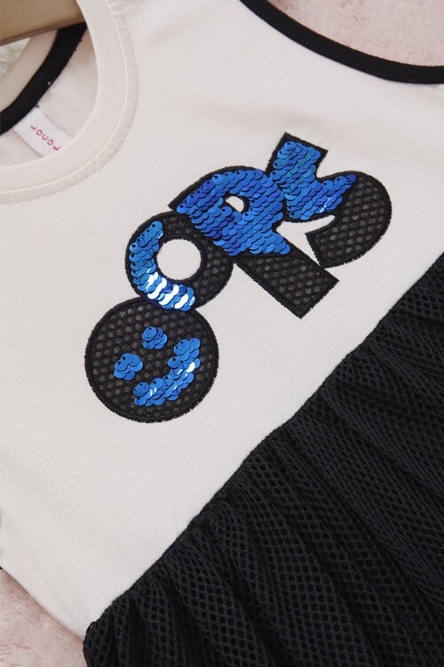 Kız Çocuk Pullu Fileli Sıfır Kol Elbise 14571