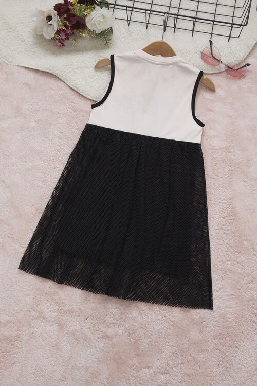 Kız Çocuk Pullu Fileli Sıfır Kol Elbise 14571