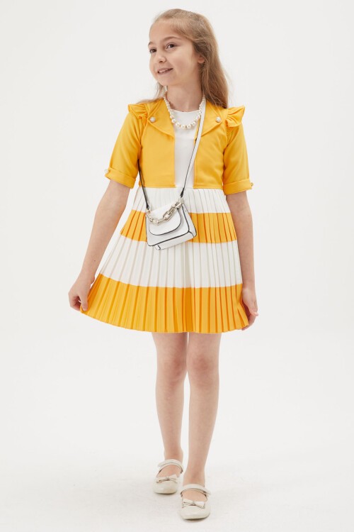 Kız Çocuk Sarı İnci Kolyeli Çantalı Pileli Elbise 15153