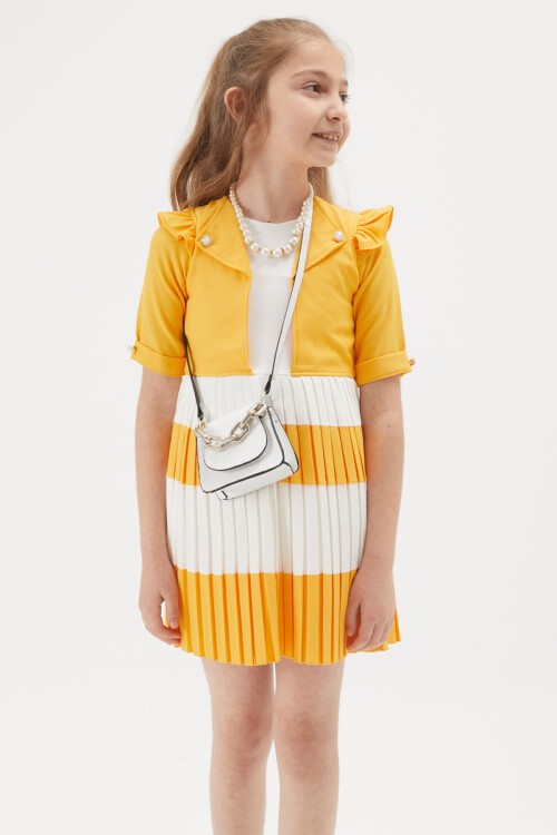 Kız Çocuk Sarı İnci Kolyeli Çantalı Pileli Elbise 15153