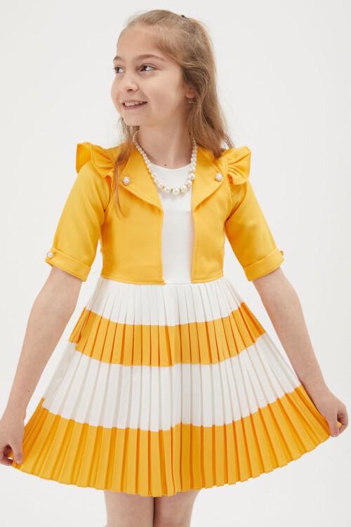 Kız Çocuk Sarı İnci Kolyeli Çantalı Pileli Elbise 15153