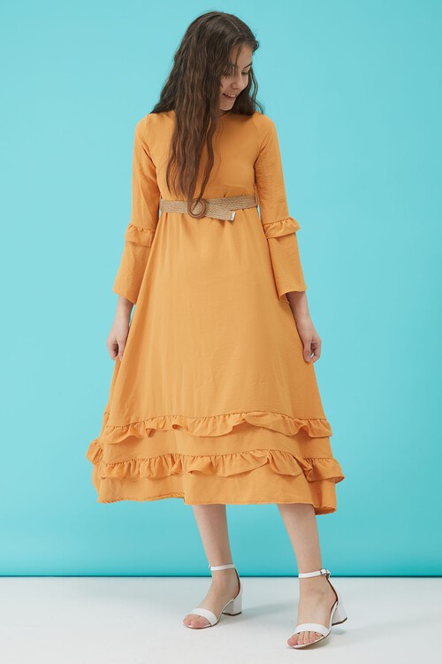 Kız Çocuk Sarı Kemerli Volanlı Elbise 15182