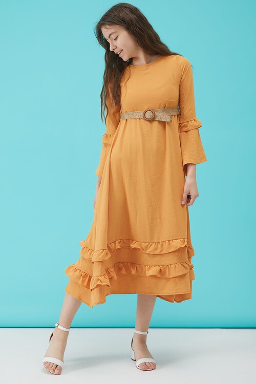 Kız Çocuk Sarı Kemerli Volanlı Elbise 15182