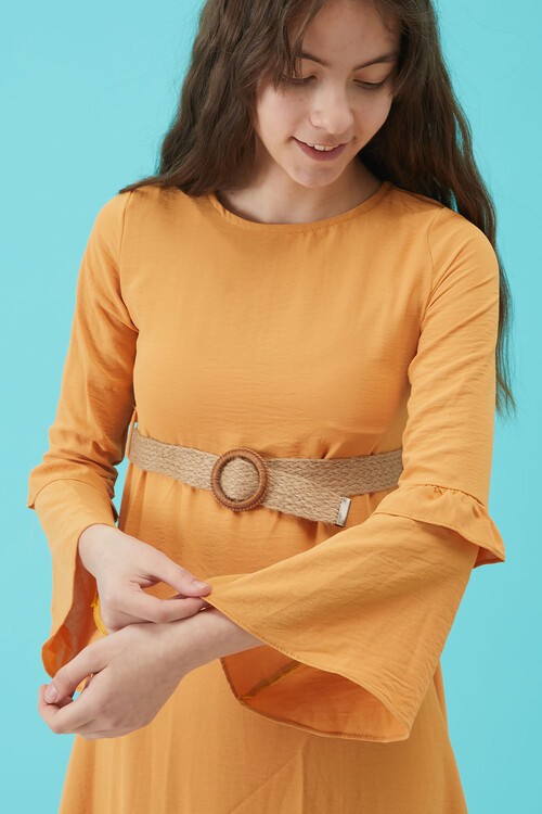 Kız Çocuk Sarı Kemerli Volanlı Elbise 15182