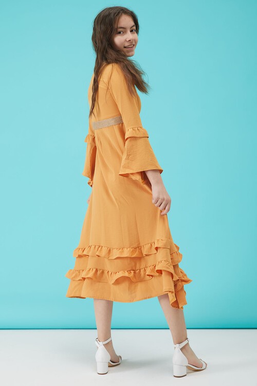 Kız Çocuk Sarı Kemerli Volanlı Elbise 15182