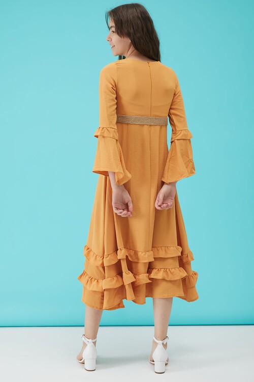 Kız Çocuk Sarı Kemerli Volanlı Elbise 15182