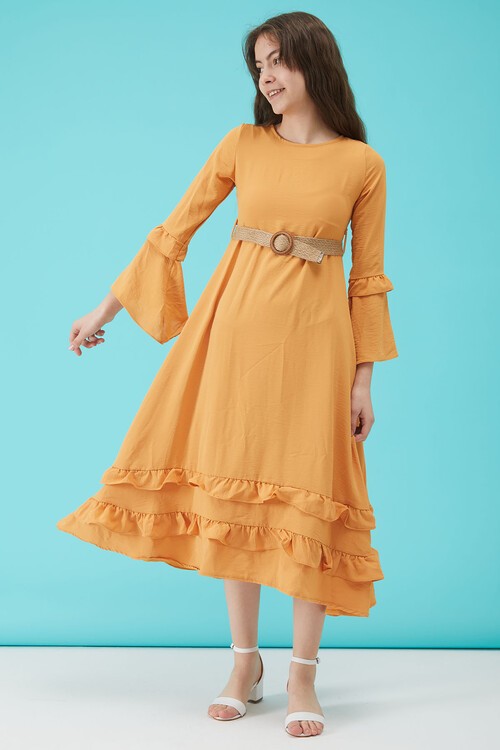 Kız Çocuk Sarı Kemerli Volanlı Elbise 15182