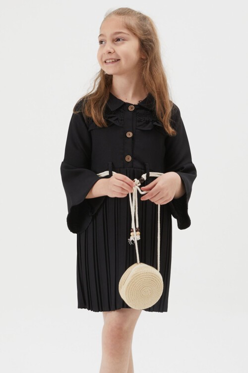 Kız Çocuk Siyah Dantel Süslemeli Çantalı Piliseli Elbise 15167