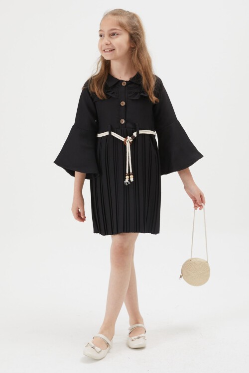 Kız Çocuk Siyah Dantel Süslemeli Çantalı Piliseli Elbise 15167