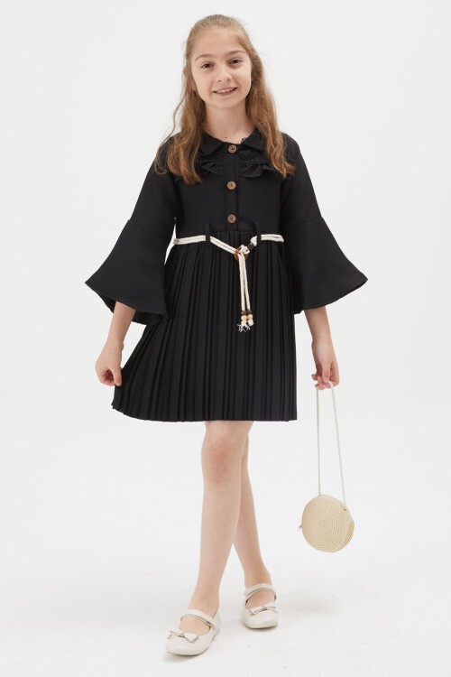 Kız Çocuk Siyah Dantel Süslemeli Çantalı Piliseli Elbise 15167