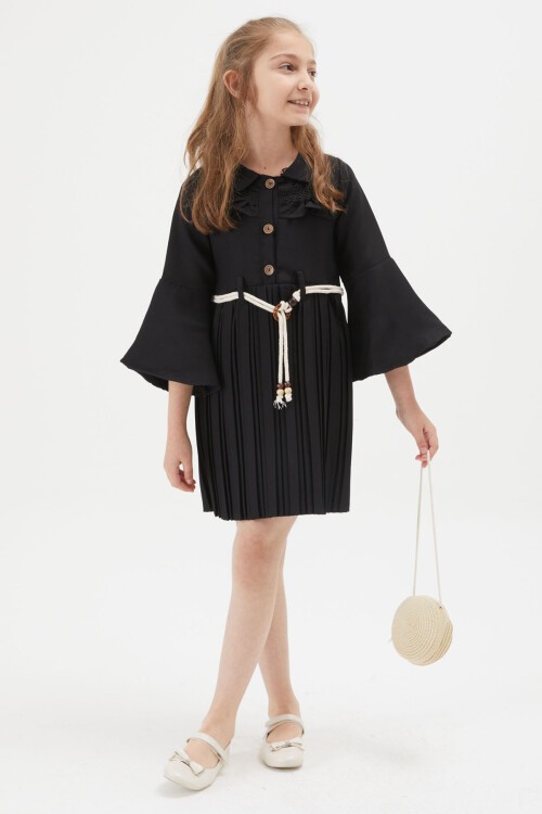 Kız Çocuk Siyah Dantel Süslemeli Çantalı Piliseli Elbise 15167