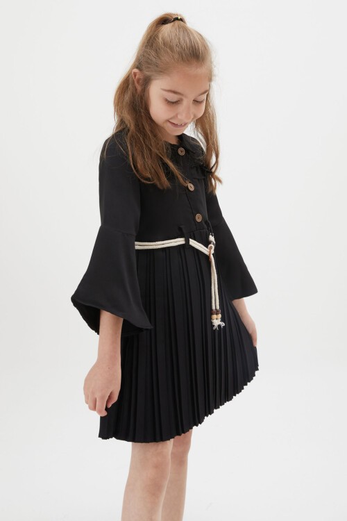 Kız Çocuk Siyah Dantel Süslemeli Çantalı Piliseli Elbise 15167