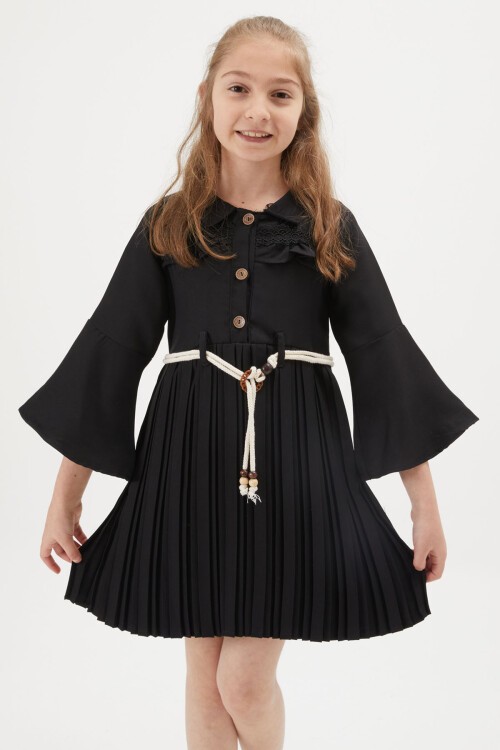 Kız Çocuk Siyah Dantel Süslemeli Çantalı Piliseli Elbise 15167
