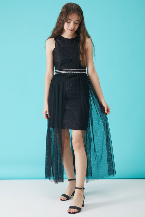 Kız Çocuk Siyah Taş Detaylı Tüllü Abiye Elbise 15158