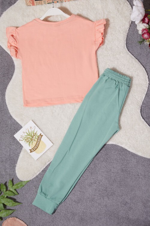 Kız Çocuk Somon Simli Karakter Baskılı Alt Üst Takım 15262